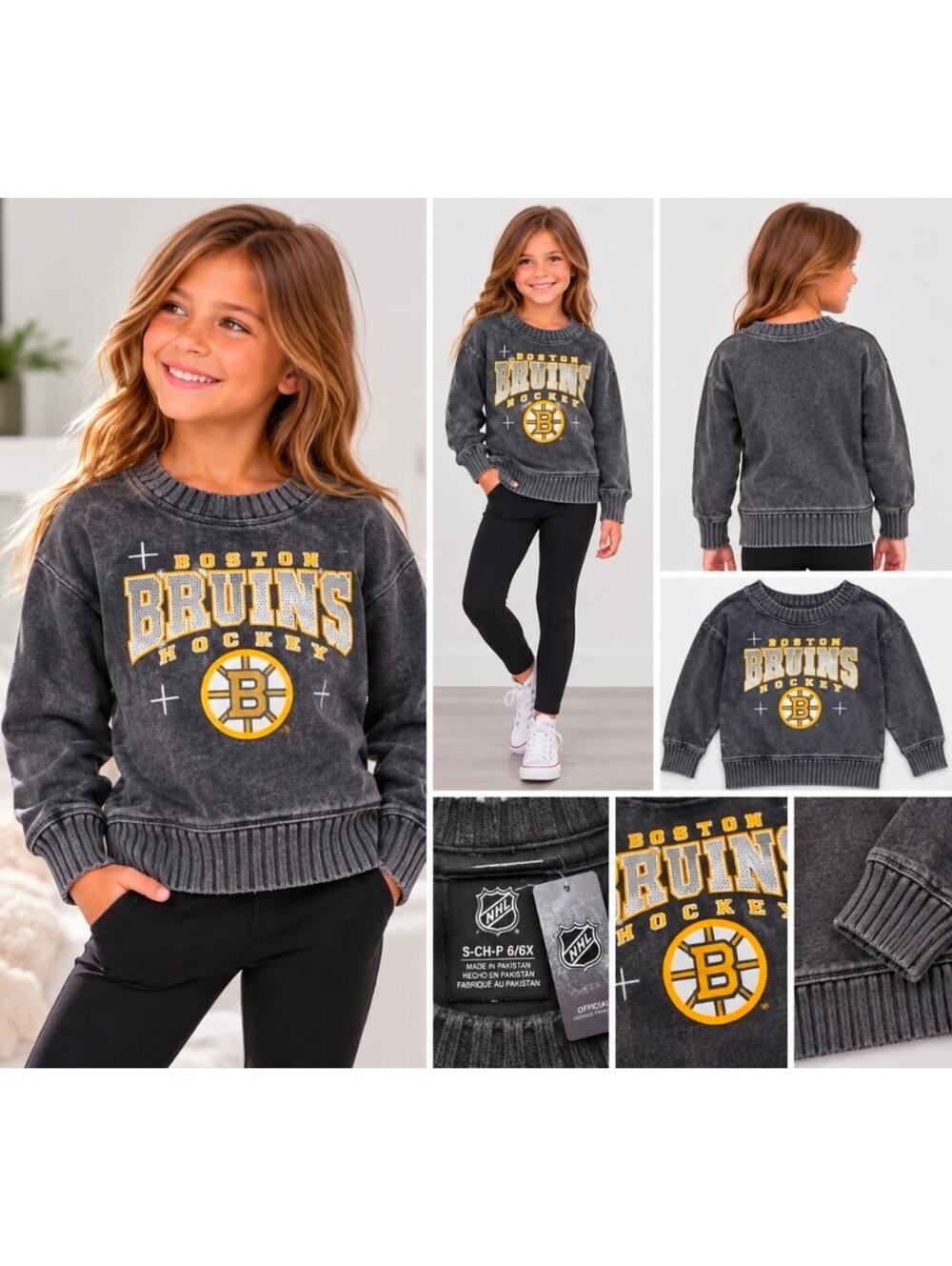 Boston Bruins Girls 6/6X Acid Wash Crewneck Sweatshirt NHL NWT
